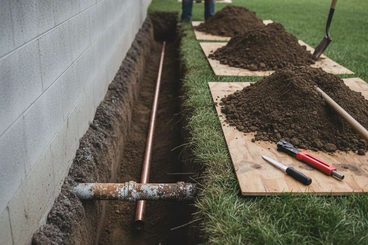 Excavated water line trench during Water Softener Installation in Crab Orchard